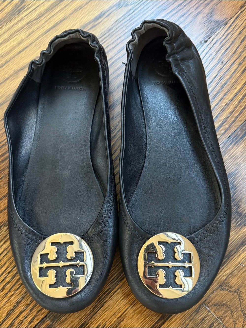 Tory Burch Black Leather Logo Ballet Flats with Gold Emblem